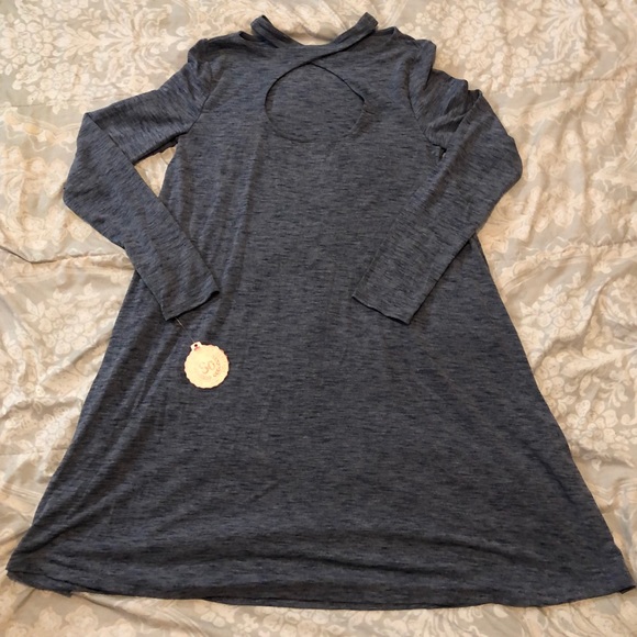 Blue Long Sleeve Swing Dress with Cris-Cross Neck - Picture 2 of 8